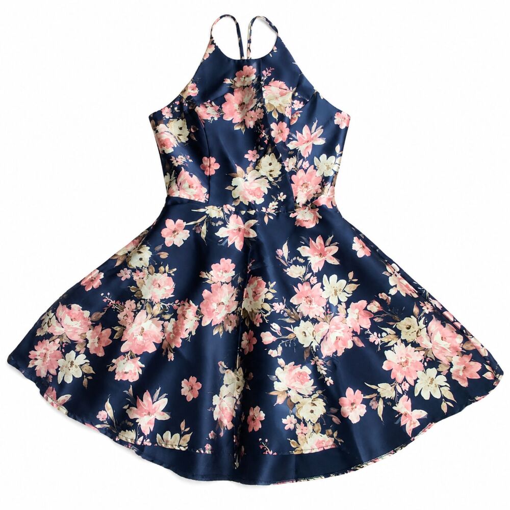 B Smart Juniors Size 15 Navy Floral Satin Fit Flare Cocktail Party Dress